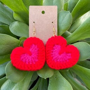 🎉HP🎉Handmade Crochet Heart Red Pink Two-Tone Earrings Valentine’s Day Jewelry